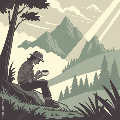 A lone vector traveler enjoys a rice bowl amidst a scenic mountain landscape.