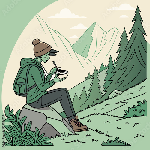 A lone vector traveler enjoys a rice bowl amidst a scenic mountain landscape.