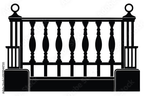 A monochrome balustrade displays classic ornamental architectural details, standing prominently against a crisp white background