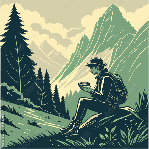 A lone vector traveler enjoys a rice bowl amidst a scenic mountain landscape.