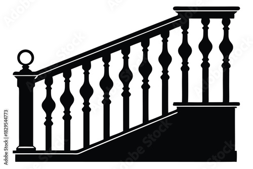 A classic staircase in black silhouette shows traditional balusters and refined architectural details