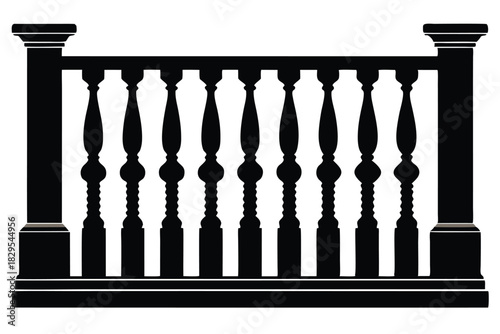 Black silhouette illustrates classic balustrade architectural element with symmetrical posts and balusters, isolated
