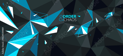 Low poly black and blue vector abstract background, 3D dimensional polygonal surface with broken debris in chaos of dynamic explosion, crumpled particles.