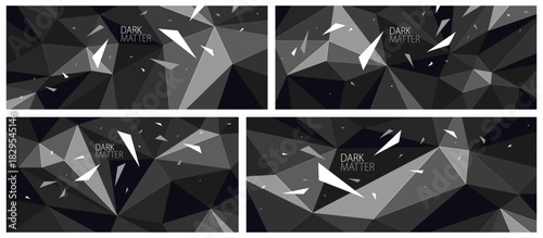 Dark polygonal vector abstract background set, low poly surface with explosion of flying debris particles, 3D dynamism broken structure, motion force elements.