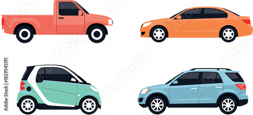 Set of modern car vector illustrations including pickup, sedan, compact smart car and SUV design for automotive graphics