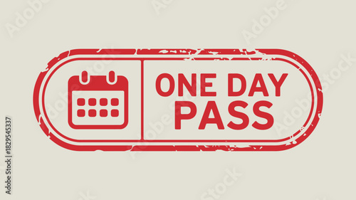 A red one day pass stamp with a calendar icon and distressed edges on an off white background flat lay