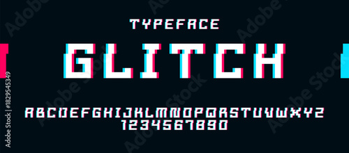 Glitch noisy geometric vector font in analog style, futuristic cyberpunk typeface with digital grunge effect, matrix typography alphabet letters and numbers.
