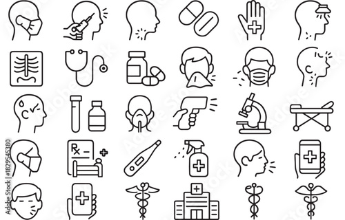 an assortment of linear medical icons depicting healthcare illness treatment and safety measures presented in a black and white style on transparent background silhouette high quality