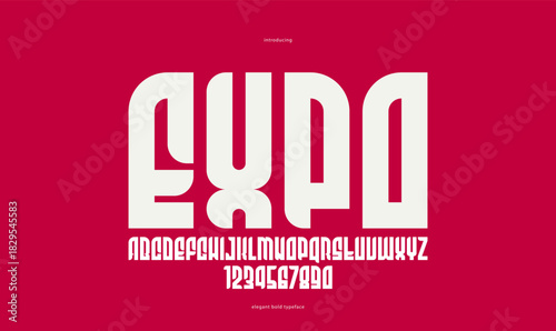 Bold simple sans serif display font for logos headers or slogans, elegant vector thick and beautiful geometric typeface, uppercase letters alphabet with numbers, poster and advertising.