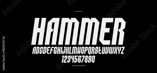 Urban massive geometric font for logos and emblems, minimal strong vector typeface, typography with no round elements, only corners and straight lines geometry, italic version.