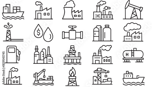 a collection of industrial icons depicting factories oil rigs ships pipelines and pollution sources perfect for graphic design on transparent background silhouette high quality professional detailed