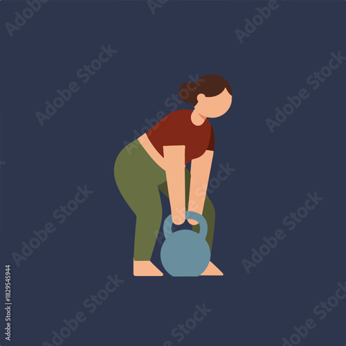 An illustration shows a woman in exercise attire doing a kettlebell deadlift against a solid navy background.