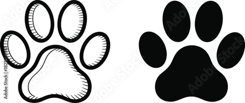 Animal Paw Print Vector Icon Set Illustrating a Hand-Drawn Sketch Style with Shading and a Solid Black Silhouette, Ideal for Pet Care, Veterinary, and Wildlife Design Concepts