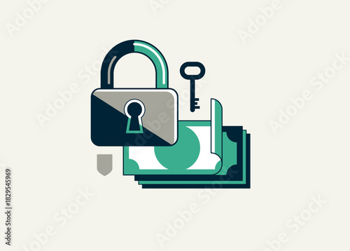 Financial safety vector detailed icon, padlock lock and money composition, secured bank account, safe private finances.