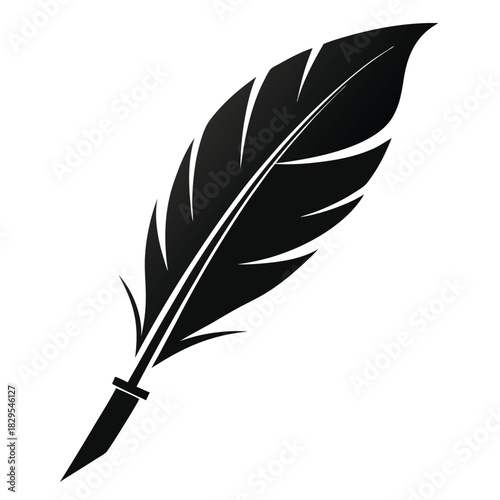 Black quill pen shows detailed feather texture against a crisp white background