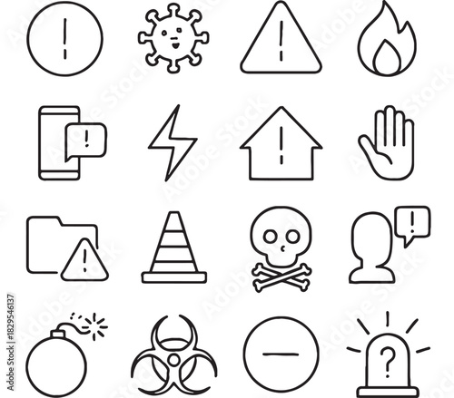 a collection of black line art warning signs including danger caution biohazard and emergency symbols on transparent background silhouette high quality professional detailed modern elegant stylish