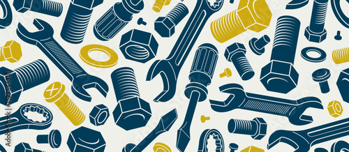 Repair and maintenance seamless background, vector mechanical fix service theme endless wallpaper, bolts and wrenches tiling pattern, elements can be used separately.