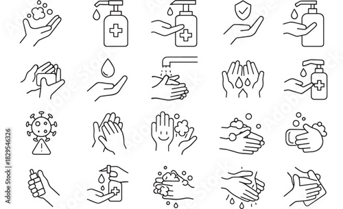 a collection of hygiene icons displaying hand washing sanitizer germs and cleanliness perfect for health related designs on transparent background silhouette high quality professional detailed modern