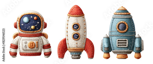 Colorful Felt Astronaut and Rocket Toys on Transparent Background