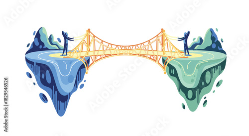 Two people standing on floating islands connected by a bridge, Generative AI.