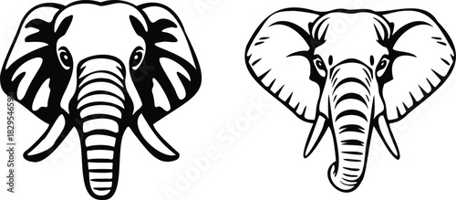 Two black and white stylized elephant head illustrations facing forward, isolated on transparent background