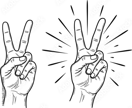Hand Drawn Peace or Victory Sign Vector Illustration Set Showcasing the V-Sign Gesture in Detailed Sketch Style with Rays and Burst Lines for Celebration, Success, and Political Concepts