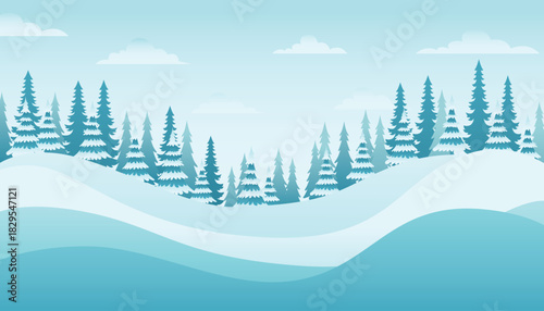 Winter landscape with snow-covered hills and coniferous trees, vector illustration.