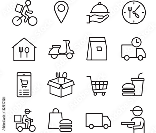 a collection of delivery related icons featuring bicycles food locations time and transport all in a minimalist style on transparent background silhouette high quality professional detailed