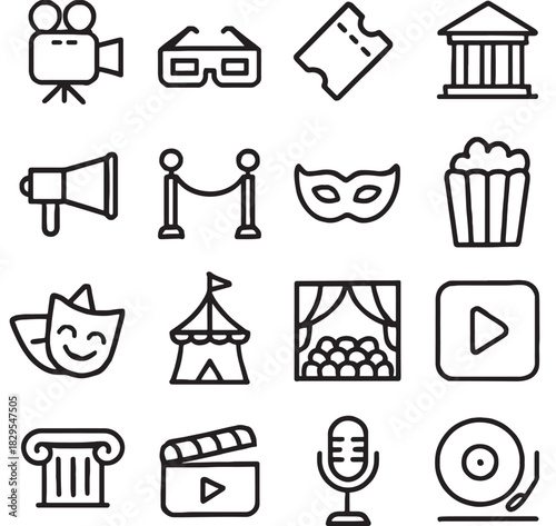 a collection of simple black line icons representing cinema theater and performing arts elements on transparent background silhouette high quality professional detailed modern elegant stylish clean