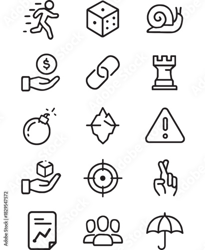 a collection of diverse linear icons depicting a runner die snail money chain castle bomb star warning cube target hand document bubbles and umbrella on