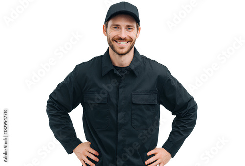 Successful smiling construction worker wearing black uniform and cap portrait isolated on transparent background construction site