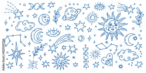 Celestial doodle set with stars sun moon and planets illustration