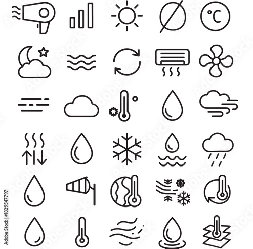 a collection of various black line art weather icons including sun rain snow temperature wind and humidity on transparent background silhouette high quality professional detailed modern