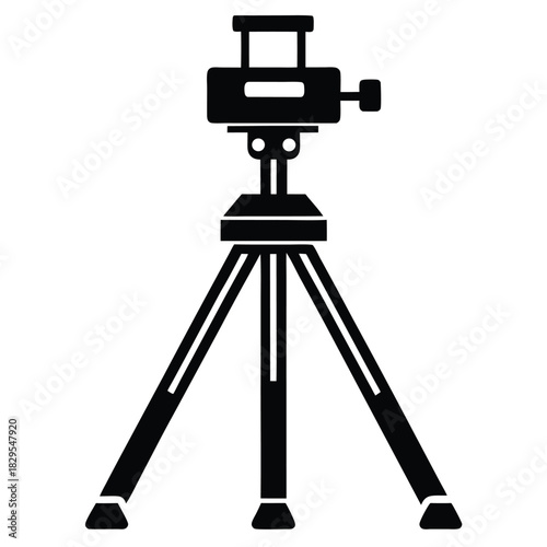 Black camera tripod stands securely on a white background in a simple icon style