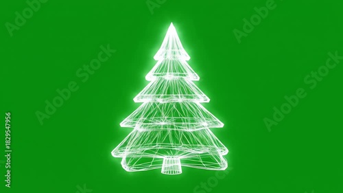 Isolated stylized polygon Christmas tree rotating slowly, composed entirely of bright white digital light lines on a pure chroma key green background futuristic, simple, polygon