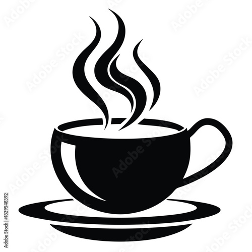 A black steaming cup rests upon its saucer emitting rising wisps of vapor