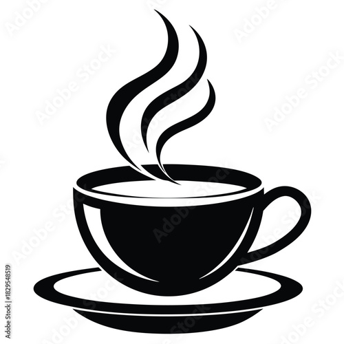 Black stylized coffee cup with steam swirls sits on a saucer gracefully