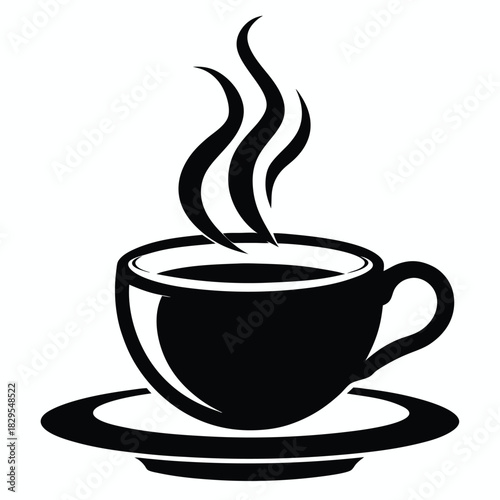 Black coffee in a cup with steam sits on a saucer; minimalist design