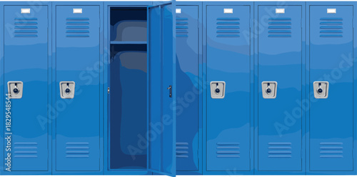 Row of Blue School Lockers Vector Illustration with One Door Open, Showing Interior Shelving and Metal Construction, Ideal for Education, Storage, and Institutional Security Concepts