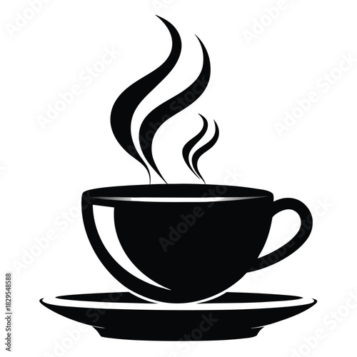 Black silhouette shows a cup of hot coffee with steam rising from it
