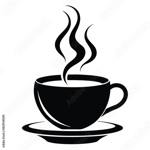 Steaming hot coffee cup on a saucer is seen in solid black silhouette