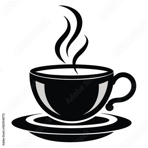 Stylish black cup showcasing steam, elegantly poised on a matching saucer displaying a clean aesthetic