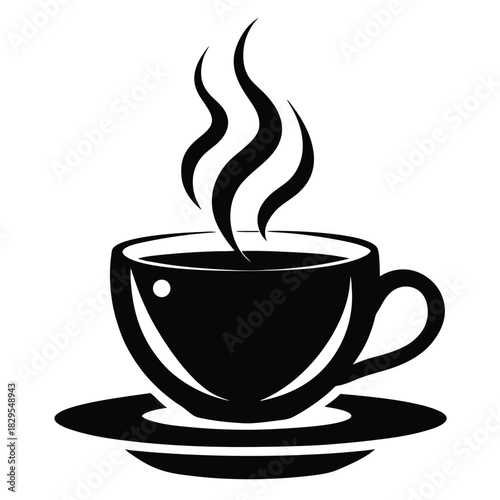 Black and white coffee cup with steam rests on a small saucer