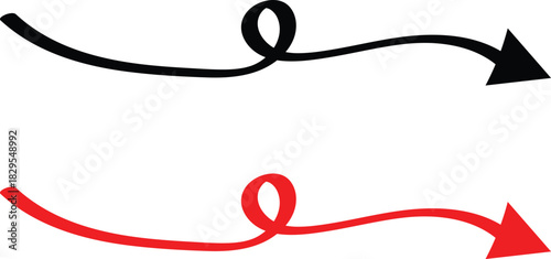 Long curved hand drawn arrow, marker drawn arrow. Red and black Long curve arrow iconElegant arrows set for business plan, presentation and education
