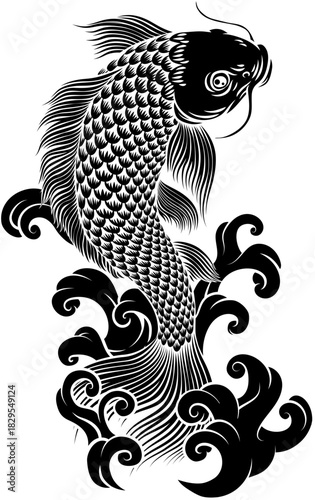 A koi carp coy fish. An original illustration in a vintage Japanese woodcut art style.