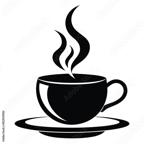 Elegant steaming black coffee cup on saucer presents morning beverage warmth and comfort