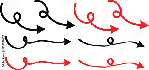 Long curved hand drawn arrow, marker drawn arrow. Red and black Long curve arrow iconElegant arrows set for business plan, presentation and education
