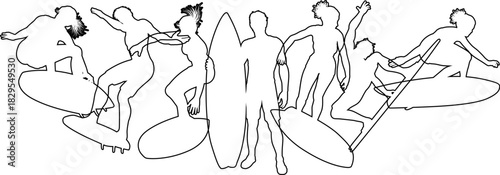 Surfer surfboard boarding male and female surfers surfing silhouette outlines. Men and women surf group design concept.