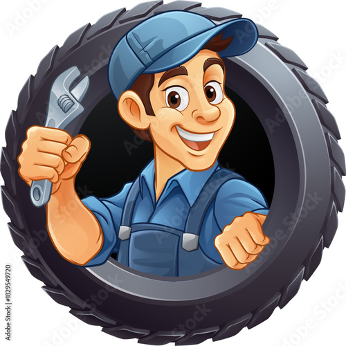 A tyre or tire cartoon car maintenance service mechanic mascot cartoon character man