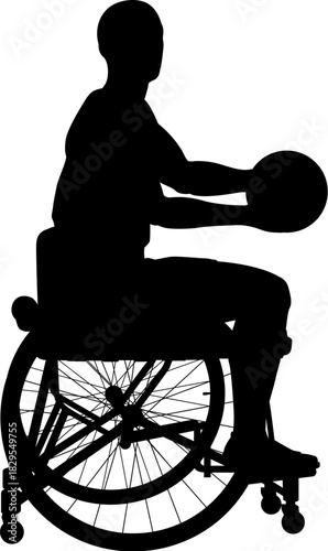 A silhouette of a man in wheelchair with basketball ball